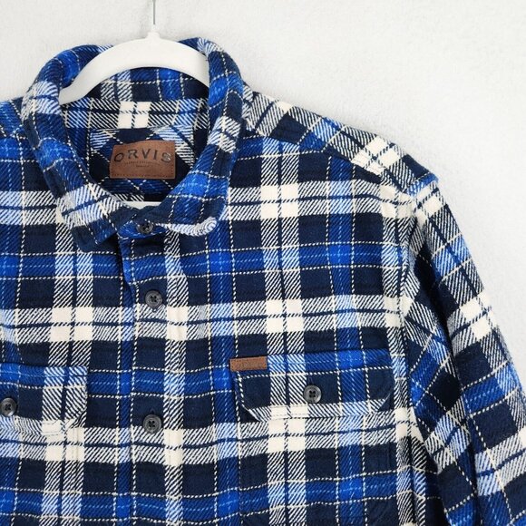 Orvis Shirt Mens Large Blue Tartan Plaid Jacket Shacket Heavy Flannel Button Up - Picture 2 of 13